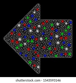 Bright mesh arrow left with glow effect. White wire carcass triangular network in vector format on a black background. Abstract 2d mesh designed with triangular lines, round dots, colored glare spots.