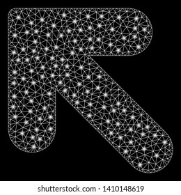 Bright mesh arrow up left with lightspot effect. Shiny wire frame polygonal mesh in vector format on a black background. Abstract 2d mesh designed with polygonal grid, small circle,
