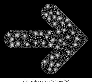Bright mesh arrow right with glare effect. Shiny wire frame polygonal mesh in vector format on a black background. Abstract 2d mesh designed with polygonal grid, spheric points, glossy flare spots.