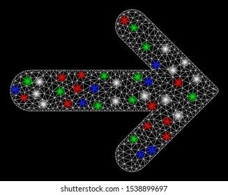 Bright mesh arrow right with glow effect. White wire carcass triangular mesh in vector format on a black background. Abstract 2d mesh designed with triangular lines, points, colorful glare spots.