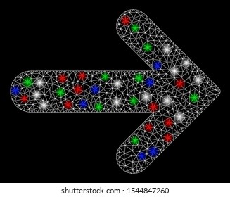 Bright mesh arrow right with glow effect. White wire carcass triangular mesh in vector format on a black background. Abstract 2d mesh designed with triangular lines, points, colorful glare spots.