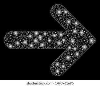 Bright mesh arrow right with lightspot effect. Shiny wire carcass polygonal mesh in vector format on a black background. Abstract 2d mesh designed with polygonal grid, small circle,