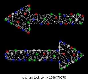 Bright mesh arrows exchange horizontal with glare effect. White wire frame triangular mesh in vector format on a black background. Abstract 2d mesh built from triangular lines, points,