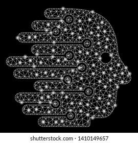 Bright mesh artificial intelligence with glow effect. Shiny wire carcass polygonal mesh in vector format on a black background. Abstract 2d mesh designed with polygonal grid, small circle,