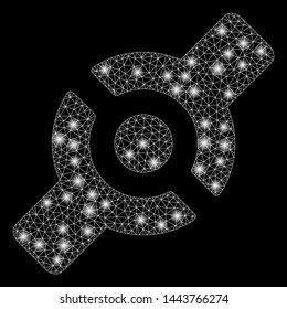 Bright mesh artificial joint with glow effect. Shiny wire carcass triangular mesh in vector format on a black background. Abstract 2d mesh designed with triangular lines, small circle,
