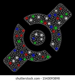 Bright mesh artificial joint with glow effect. White wire carcass polygonal mesh in vector format on a black background. Abstract 2d mesh built from polygonal grid, points, colorful light spots.