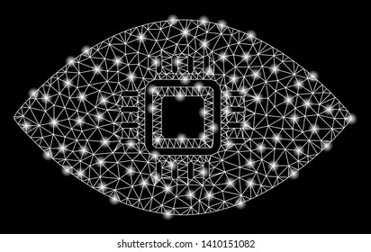 Bright mesh artificial vision with glow effect. Shiny wire carcass triangular mesh in vector format on a black background. Abstract 2d mesh designed with polygonal grid, small circle,