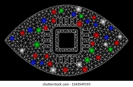 Bright mesh artificial vision with lightspot effect. White wire carcass polygonal mesh in vector format on a black background. Abstract 2d mesh designed with polygonal grid, dots,