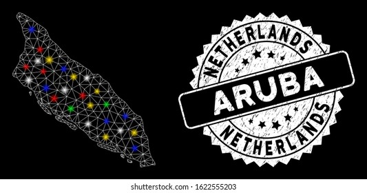Bright mesh Aruba Island map with glow effect, and seal stamp. Wire frame triangular Aruba Island map network in vector format on a black background. White round rubber seal with rubber surface.