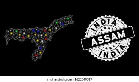 Bright mesh Assam State map with glow effect, and rubber print. Wire frame polygonal Assam State map mesh in vector format on a black background. White round seal stamp with corroded textures.