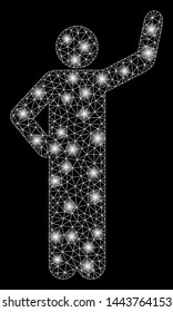 Bright mesh assurance pose with lightspot effect. Shiny wire frame polygonal mesh in vector format on a black background. Abstract 2d mesh created from polygonal grid, points, glossy flare spots.
