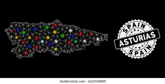 Bright mesh Asturias Province map with glare effect, and stamp. Wire carcass polygonal Asturias Province map mesh in vector format on a black background. White round stamp with distress texture.