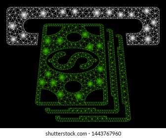 Bright mesh ATM cashout with lightspot effect. Shiny wire carcass triangular mesh in vector format on a black background. Abstract 2d mesh designed with triangular lines, round dots,