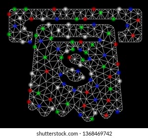 Bright mesh ATM with glare effect. White wire carcass triangular mesh in vector format on a black background. Abstract 2d mesh designed with triangles, spheric points, colorful glare spots.