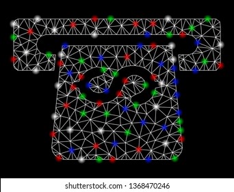 Bright mesh ATM with glare effect. White wire frame polygonal mesh in vector format on a black background. Abstract 2d mesh designed with triangular lines, round dots, colorful flash spots.