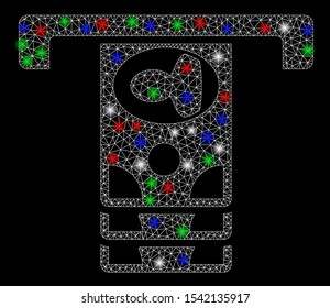 Bright mesh ATM with glare effect. White wire frame polygonal mesh in vector format on a black background. Abstract 2d mesh built from triangles, small circle, colored glare spots.