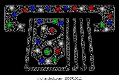 Bright mesh ATM insert cash with glare effect. White wire frame triangular network in vector format on a black background. Abstract 2d mesh designed with triangular lines, round dots,