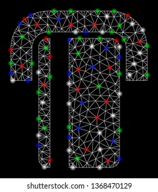 Bright mesh ATM with lightspot effect. White wire frame triangular mesh in vector format on a black background. Abstract 2d mesh designed with triangles, dots, colorful flash spots.