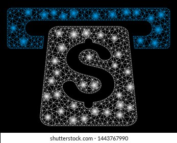 Bright mesh ATM with lightspot effect. Shiny wire frame triangular mesh in vector format on a black background. Abstract 2d mesh designed with triangular lines, spheric points, glowing flare spots.