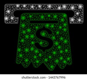 Bright mesh ATM with lightspot effect. Shiny wire carcass polygonal mesh in vector format on a black background. Abstract 2d mesh designed with polygonal grid, points, glowing flare spots.