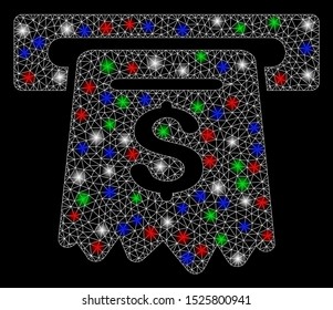 Bright mesh ATM with lightspot effect. White wire frame polygonal mesh in vector format on a black background. Abstract 2d mesh designed with polygonal grid, spheric points, colored glare spots.