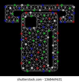 Bright mesh ATM machine with glare effect. White wire frame polygonal mesh in vector format on a black background. Abstract 2d mesh designed with polygonal grid, spheric points, colorful glare spots.