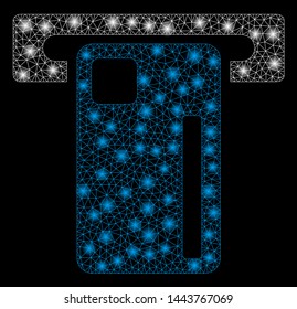 Bright mesh ATM machine with lightspot effect. Shiny wire frame triangular mesh in vector format on a black background. Abstract 2d mesh designed with polygonal grid, round dots, glossy flare spots.
