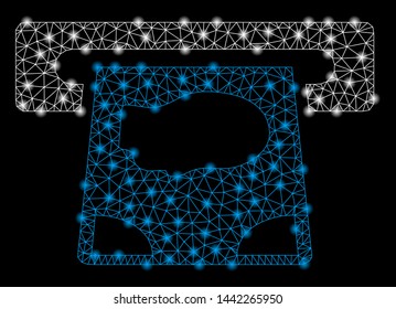 Bright mesh ATM payment with glare effect. Shiny wire carcass polygonal mesh in vector format on a black background. Abstract 2d mesh created from polygonal grid, spheric points, glowing flare spots.