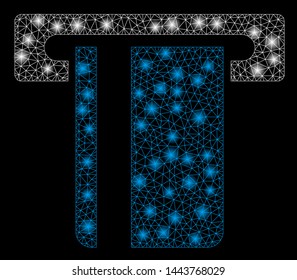 Bright mesh ATM terminal with glare effect. Shiny wire frame triangular mesh in vector format on a black background. Abstract 2d mesh designed with triangular lines, spheric points,
