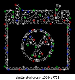 Bright mesh atomic calendar day with lightspot effect. White wire frame triangular mesh in vector format on a black background. Abstract 2d mesh built from triangular lines, points,