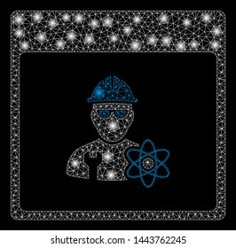 Bright mesh atomic engineer calendar page with glare effect. Shiny wire carcass polygonal mesh in vector format on a black background. Abstract 2d mesh built from polygonal grid, round dots,