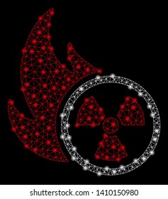 Bright mesh atomic fire with glow effect. Shiny wire carcass polygonal mesh in vector format on a black background. Abstract 2d mesh designed with polygonal grid, dots, glossy flash spots.