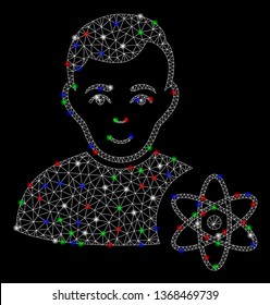Bright mesh atomic scientist with lightspot effect. White wire carcass triangular mesh in vector format on a black background. Abstract 2d mesh designed with polygonal grid, small circle,