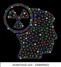 Bright mesh atomic thinking head with glow effect. White wire carcass polygonal mesh in vector format on a black background. Abstract 2d mesh designed with polygonal grid, dots, colorful glare spots.