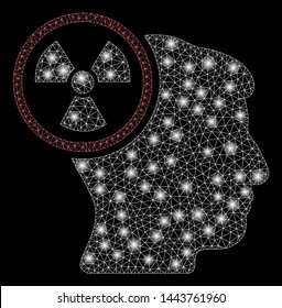 Bright mesh atomic thinking head with glare effect. Shiny wire carcass triangular mesh in vector format on a black background. Abstract 2d mesh designed with triangular lines, spheric points,