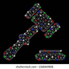 Bright mesh auction with lightspot effect. White wire carcass triangular mesh in vector format on a black background. Abstract 2d mesh designed with triangular lines, small circle,