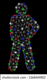 Bright mesh audacity pose with glow effect. White wire carcass polygonal mesh in vector format on a black background. Abstract 2d mesh designed with triangular lines, points, colored glare spots.