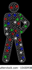 Bright mesh audacity pose with glow effect. White wire carcass polygonal mesh in vector format on a black background. Abstract 2d mesh designed with triangular lines, dots, colorful light spots.