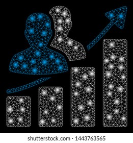 Bright mesh audience growth bar chart with lightspot effect. Shiny wire frame polygonal mesh in vector format on a black background. Abstract 2d mesh designed with polygonal grid, points,