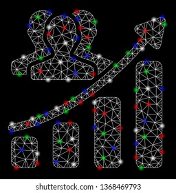 Bright mesh audience growth chart with glare effect. White wire carcass triangular network in vector format on a black background. Abstract 2d mesh built from triangular lines, points,