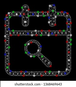 Bright mesh audit day with lightspot effect. White wire frame triangular mesh in vector format on a black background. Abstract 2d mesh designed with triangular lines, round dots, colorful glare spots.