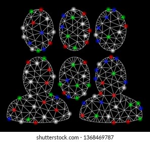 Bright mesh auditory with glare effect. White wire carcass polygonal mesh in vector format on a black background. Abstract 2d mesh built from triangles, points, colored glare spots.