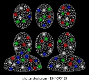 Bright mesh auditory with glare effect. White wire carcass triangular mesh in vector format on a black background. Abstract 2d mesh created from triangular lines, spheric points, colorful glare spots.