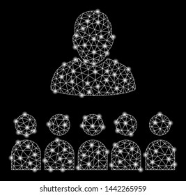 Bright mesh auditory students with glare effect. Shiny wire carcass polygonal mesh in vector format on a black background. Abstract 2d mesh built from polygonal grid, small circle,
