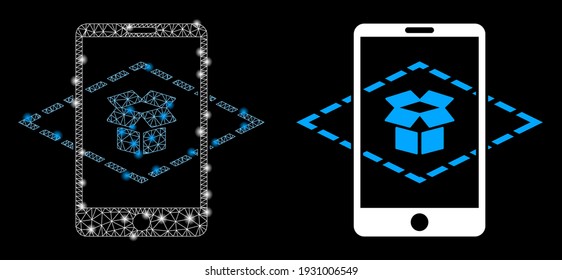 Bright mesh augmented reality with lightspot effect. Abstract illuminated model based on augmented reality icon. Shiny wire carcass triangular network augmented reality.