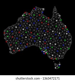 Bright mesh Australia map with glare effect. Wire carcass triangular mesh in vector format on a black background. Abstract 2d mesh built from triangular lines, round dots, colored glare spots.