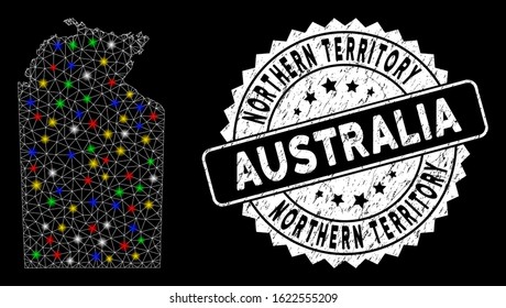 Bright mesh Australian Northern Territory map with lightspot effect, and seal. Wire frame triangular Australian Northern Territory map mesh in vector format on a black background.