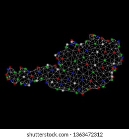 Bright mesh Austria map with lightspot effect. Wire frame polygonal mesh in vector format on a black background. Abstract 2d mesh designed with polygonal grid, points, colorful light spots.