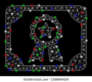 Bright mesh authorize diploma with glare effect. White wire frame polygonal mesh in vector format on a black background. Abstract 2d mesh designed with triangular lines, round dots,