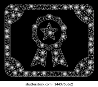 Bright mesh authorize diploma with glow effect. Shiny wire carcass polygonal network in vector format on a black background. Abstract 2d mesh designed with polygonal grid, small circle,